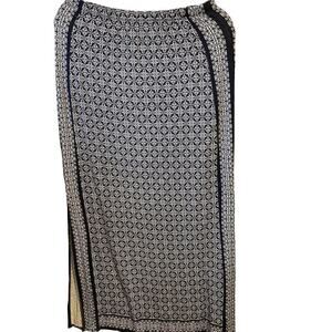 Max Studio Maxi Skirt Sz S Geometric White Navy Blue Split Side Pull Up Preppy